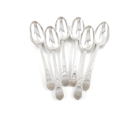 A good set of six George III provincial silver Old English Bright-cut pattern tablespoons, by Langlands and Robertson, Newcas