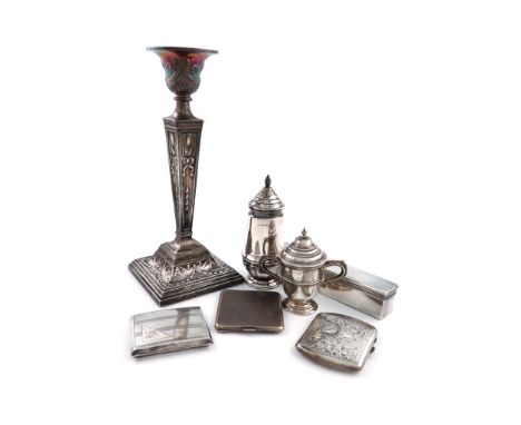 A mixed lot, comprising silver items: a single candlestick, London 1919, tapering square form, swag decoration, urn capital, 