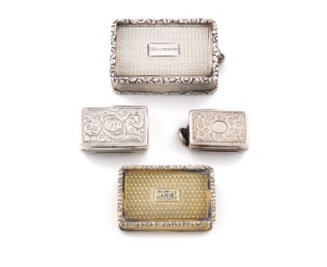 A small collection of four silver and silver-gilt vinaigrettes, comprising: one by Thomas Shaw, Birmingham 1832, rectangular 