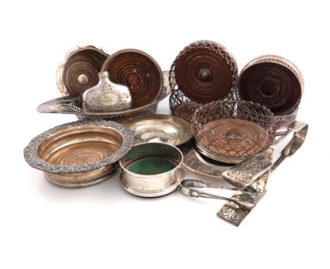 Please note there are only three silver wine coasters in this lot.A mixed lot, comprising silver items: a pair of Fiddle patt