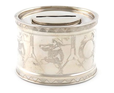 An American silver money box, by William Kerr and Co., Newark, New Jersey, circular drum form, the side decorated with a marc