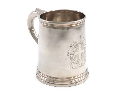 A Queen Anne silver mug, by Paul de Lamerie, London 1713, tapering circular form, faceted scroll handle, the front engraved w