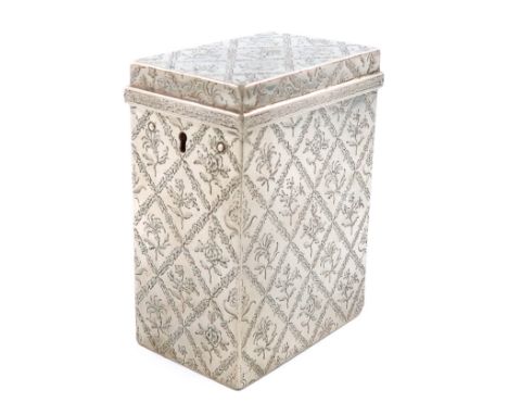A George II silver tea caddy, by Edward Wakelin, London 1754, rectangular form, the sides and hinged cover engraved all-over 