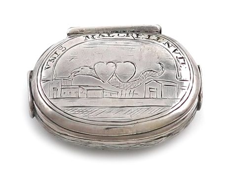 A William and Mary silver spice / snuff box, maker's mark PR, circa 1690, oval form, engraved decoration, engraved 'VNIS MALC