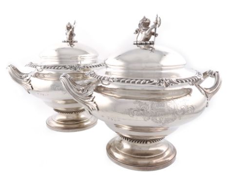 A pair of Victorian silver two-handled soup tureens and covers, by the Barnards, London 1854, retailed by C. Taylor and Son, 