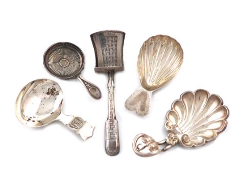 A small collection of five antique silver caddy spoons, various dates and makers, including: a George III one by William Pugh