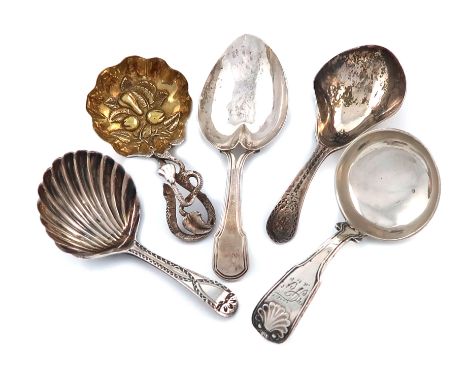 A collection of five antique silver caddy spoons, various dates and makers, including: a Victorian one by Hilliard and Thomas