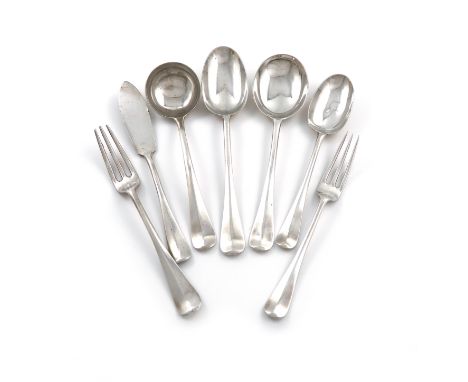 A part canteen of silver Rat-tail pattern flatware, by Richard Burbridge, (Harrods), London 1929, the reverse of the terminal