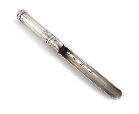 A late 17th century silver apple corer, maker's mark three times RB, circa 1690, tubular form, engraved bands of decoration, 