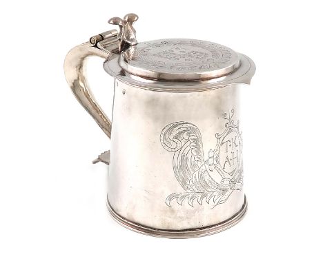 A Charles II silver tankard, possibly by Phillip Price, London 1663, tapering circular form, scroll handle, dated '1672',  th