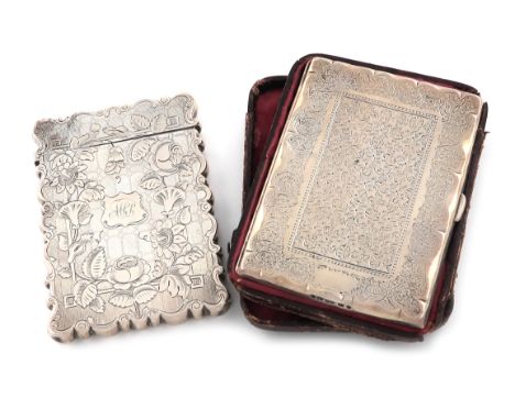 A Victorian silver card case, by George Unite, Birmingham 1850, rectangular form, engraved foliate decoration on a matted bac