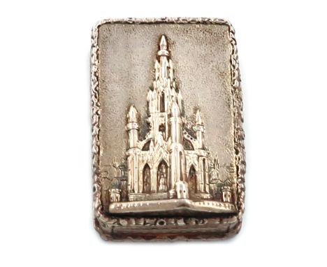 A Victorian silver 'castle-top' vinaigrette, The Scott Memorial, by Nathaniel Mills, Birmingham 1844, rectangular form, the h