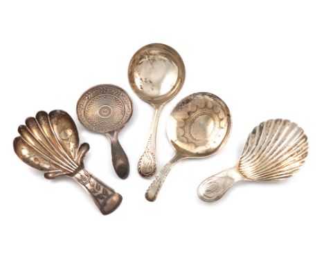 A collection of five antique silver caddy spoons, various dates and makers, including: a George III one by William Pugh, Birm