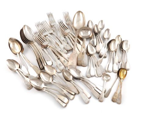 A collection of silver Fiddle pattern flatware, various dates and makers, including: a basting spoon, by William Rawlings Sob