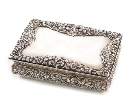 A Victorian silver table snuff box, by Nathaniel Mills, Birmingham 1838, rectangular form, cushion sides, heavy foliate scrol