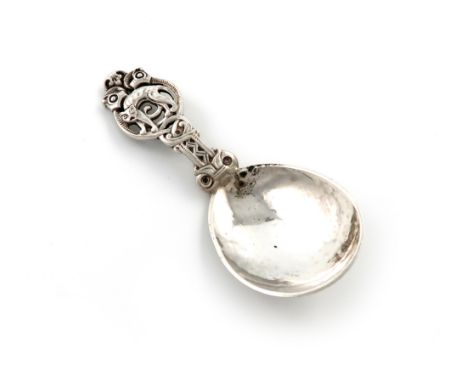 A Norwegian Arts and Crafts silver caddy spoon, by Thune, Oslo, spot-hammered fig-shaped bowl, the handle pierced with a cat 