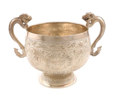 A Victorian silver two-handled bowl, by George Fox, London 1878, in the Chinese manner, circular form, chased foliate decorat