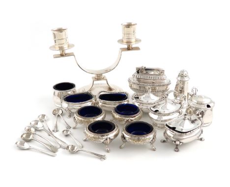 A mixed lot, comprising silver items: an Art Deco two light candelabrum, by the Adie Brothers, Birmingham 1936, a three piece