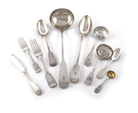 A Collection of 19th century silver Fiddle pattern flatware, various dates and makers, including William Sobey, Exeter 1814, 