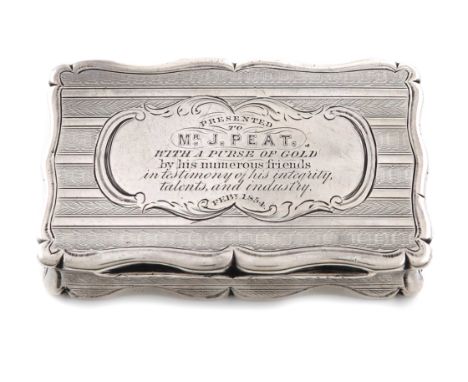 A Victorian silver snuff box, by Edward Smith, Birmingham 1853, rectangular form, with bands of engine-turned decoration, the