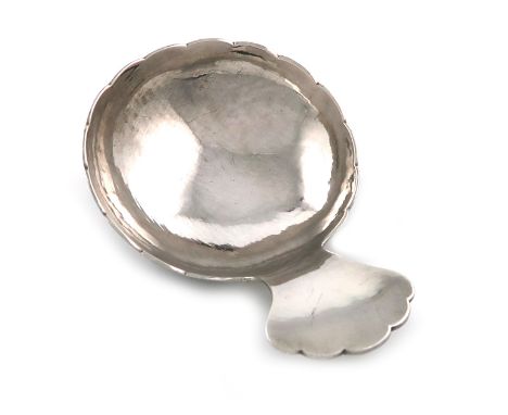 A rare Chinese silver caddy spoon, marked KHG, for Khecheong, Canton circa 1850, circular bowl, with chased foliate decoratio