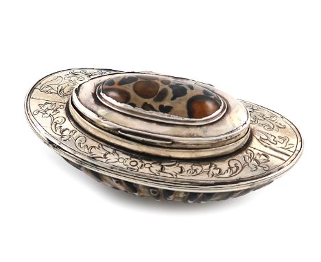 An 18th century silver-mounted shell snuff box, unmarked, oval form, the mounts with chased foliate and animal decoration, th