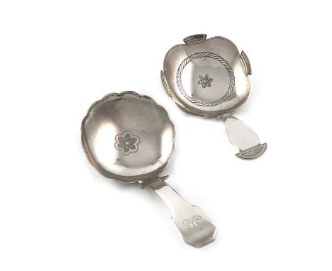 A George III silver caddy spoon, by Thomas James, London 1811, circular bowl, engraved decoration, wavy-edge border, the tape