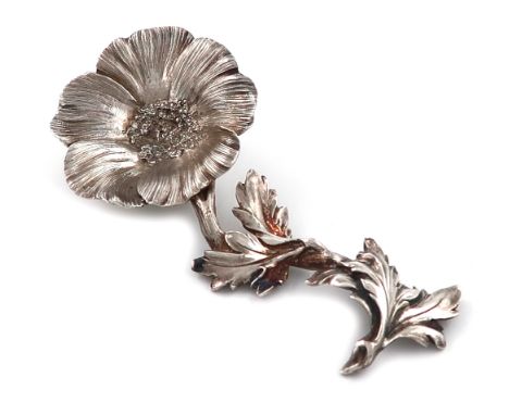 A Victorian cast silver flower caddy spoon, by Francis Higgins, London 1843, flower head bowl, the handle modelled as the ste