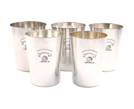 A set of five George III silver stacking  beakers, by John Robins, London 1794, tapering circular form, engraved with a crest