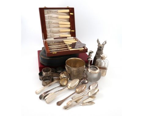 A mixed lot, comprising silver items: a silver-mounted glass table vesta striker, by Hukin and Heath, Birmingham 1934, a silv