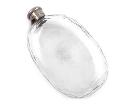 A large Victorian silver-mounted glass spirit flask, maker's mark worn, London 1874, faceted oval form, the plain mount with 