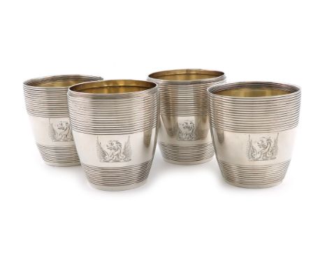 A pair of George III silver barrel beakers, by Urquhart and Hart, London 1803, barrel form, with bands of reeded decoration, 