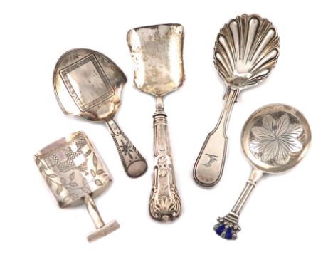 A collection of five antique silver caddy spoons, various dates and makers, including: a William IV spoon, by George Unite, B