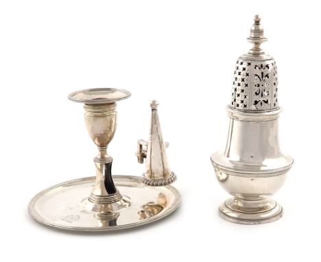 A George II silver sugar caster, by Robert Lucas, London 1734, baluster form, the pull-off cover with a large finial, on a ci