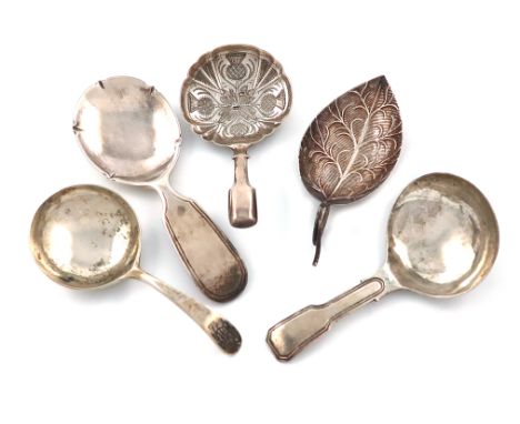 A collection of five antique silver caddy spoons, various dates and makers, including: a George III one of leaf form, by Jose