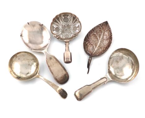 A collection of five antique silver caddy spoons, various dates and makers, including: a George III one of leaf form, by Jose