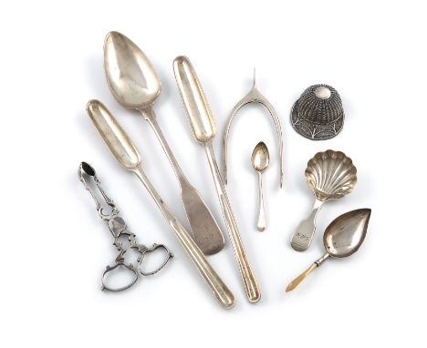 A mixed lot of silver flatware, various dates and makers, comprising: a George III marrow scoop, London 1768, another marrow 