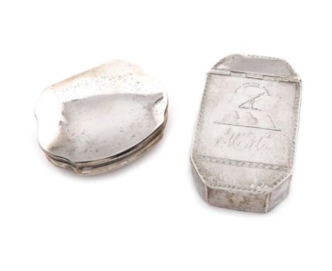 A George III Scottish silver snuff box, maker's mark probably WC, Edinburgh, cartouche form, the interior gilded, length 6.8c