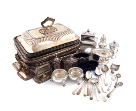 A mixed lot, comprising silver items: a pair of George II cauldron salt cellars, London 1759, on three hoof feet, with clear 