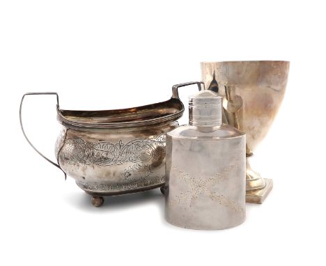 A small mixed lot of silver items, comprising: a 19th century continental tea caddy, unmarked, upright oval form, engraved fo