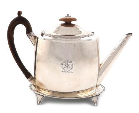 λA George III silver teapot and stand, by Chawner and Emes, London 1797, the stand by Henry Chawner, London 1795, oval form, 