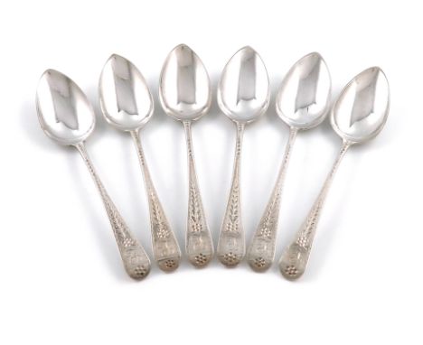 A set of six George III provincial silver Bright-cut teaspoons, by Hampston, Prince and Cattles, York 1803, the terminals wit