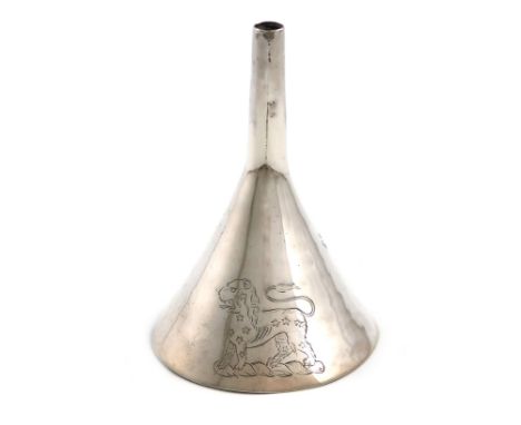 A late 17th century silver wine funnel, unmarked circa 1690, tapering cylindrical and conical form, engraved with a crest of 