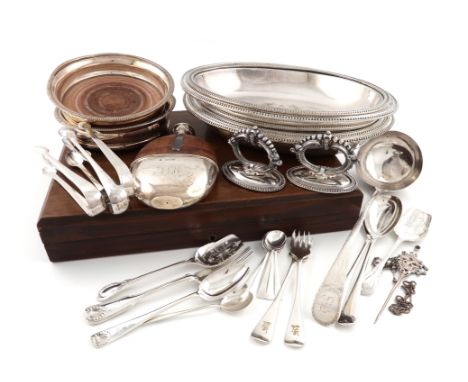 λA mixed lot, comprising silver items: a George III Bright-cut soup ladle, London 1779, two pairs of sugar tongs, a pair of s