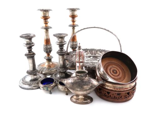 λA mixed lot of old Sheffield and electroplate, including a coffee pot, of tapering circular form, with an ivory finial, a sw