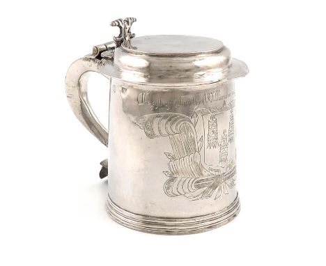 A rare William and Mary provincial silver tankard, by Timothy or John Smith, York 1691, tapering circular form, flat hinged c