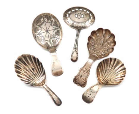 A collection of five antique silver caddy spoons, various dates and makers, including: a William IV one by F. Clark, Birmingh