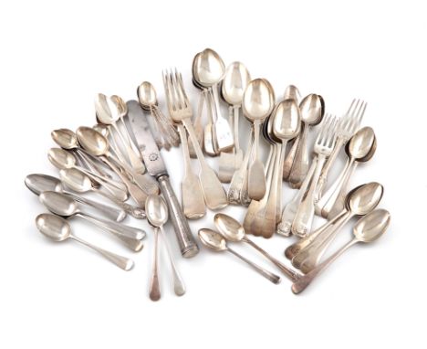 A mixed lot of silver flatware, various dates and makers, comprising: a Scottish provincial dessert spoon,  by R and R Keay, 