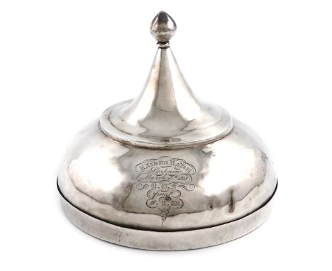 A 19th century Indian silver box, unmarked, circular form, raised cover with a pointed finial, the front inscribed ' KAISER B