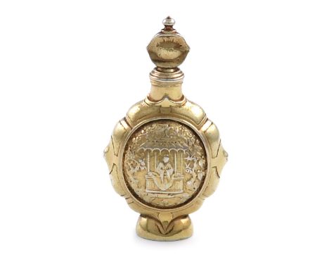 A William III silver-gilt scent flask, by Pierre Labrosse, London circa 1700, flattened baluster form, with Chinoiserie panel